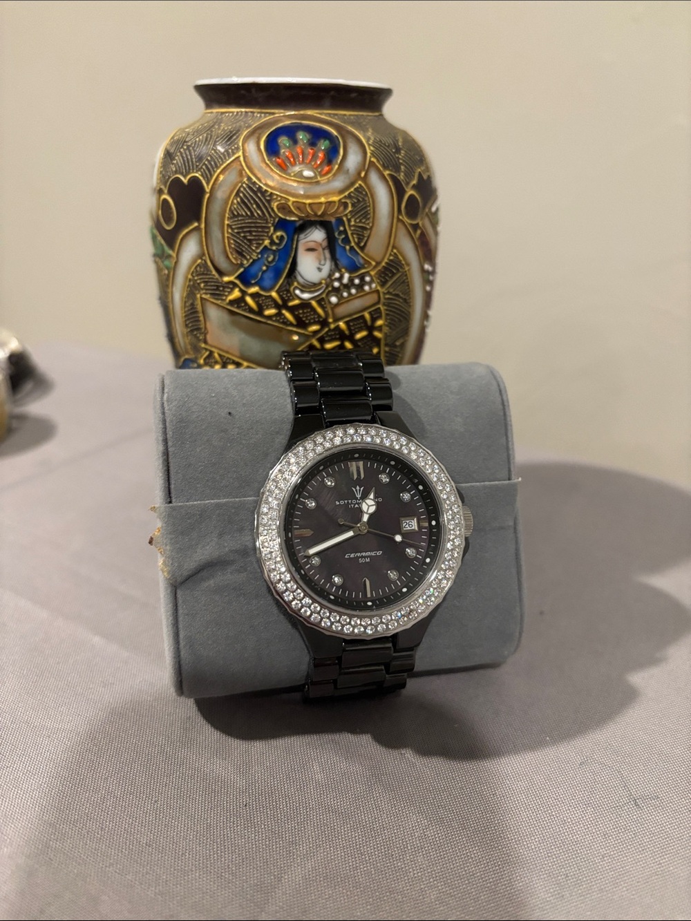Sottomarino Italian Black Ceramic Watch with Crystal Accents